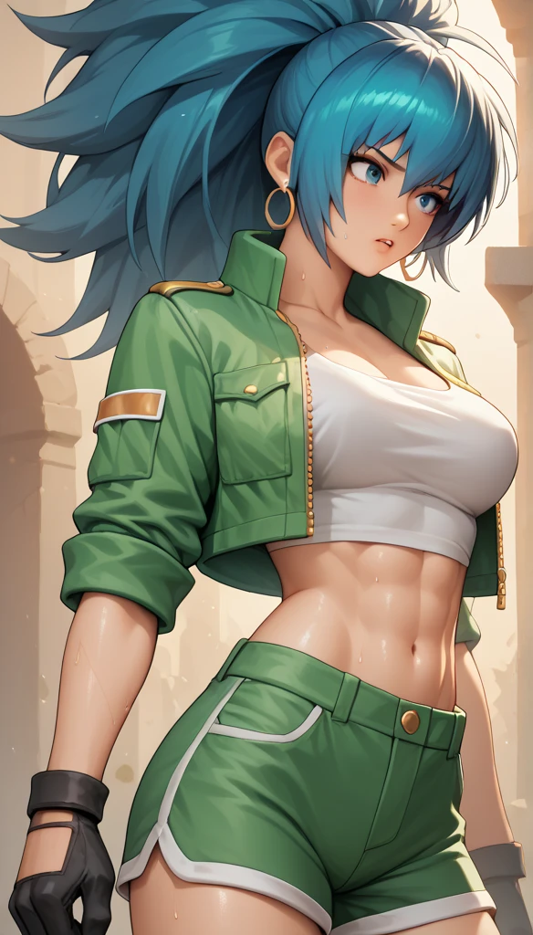 BREAK 1girl,cute,{{slender}},beautiful detailed breasts,shiny skin,{{{beautiful detailed breasts}}},{gleaming skin},{shiny skin},Sweat, BREAK 1girl,leonakofdg , green shorts, midriff, crop top, black gloves, military uniform, green jacket, earrings, jewelry,BREAK {{{best quality, very aesthetic, ultra-detailed, extremely detailed, perfect anatomy}}},sound effects,