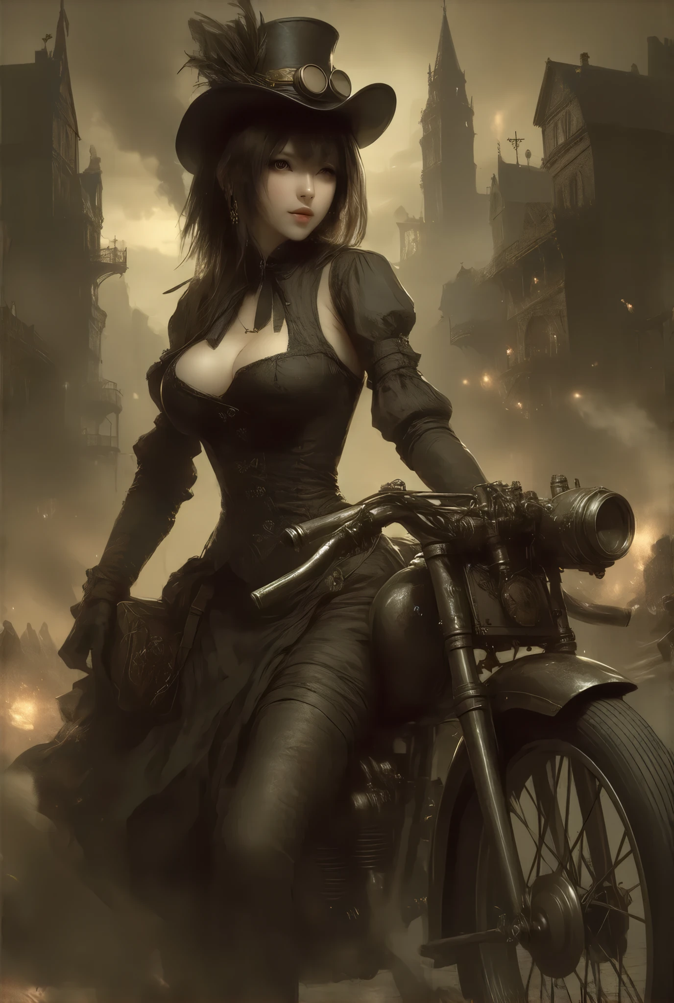 (:1.2), (steampunk style, Sepia nostalgic painting style:1.3)、(((masterpiece)))、((highest quality))、(super detailed)、(CG illustration)、(so beautiful ))、cinematic light、(((one young lady in steampunk style gear equiped dress, final fantasy VII Tifa Lockhart))), (hat with mechanical gear and scope), ((large breasts:1.2), (huge breasts:1.2), (Uplifted and well-defined bust:1.2), (lifted chest:1.2), (perky breasts :1.2),(deep cleavage:1.4), riding on mechanical bike、  near future city,  brick building,  steampunk,  Rusty and heavy, Water vapor from the sewer , , Gear,,  skyscraper , Tower, Steam power, Steam pipe , Street lamp, ( Cinematic Lighting :0.8,  super detailed, bloom)