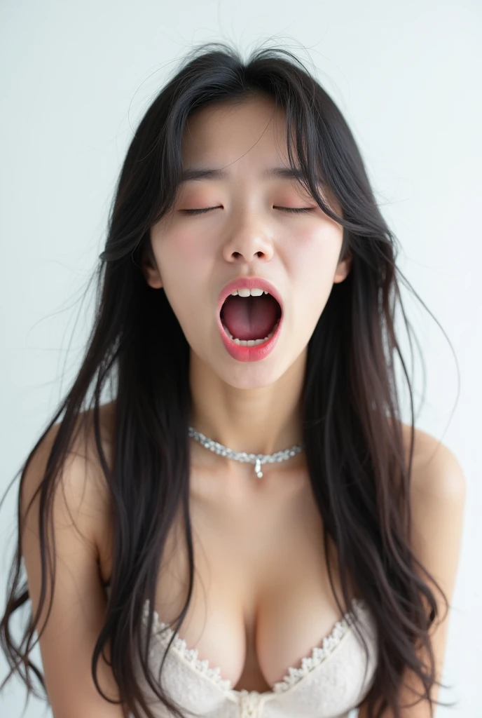 A sweaty naked Asian beauty wearing a leash with her face and chest covered in semen sticks out her tongue and submits to 6 men with large genitals, being orgyed and bukkaked, leaving her out of her mind.
