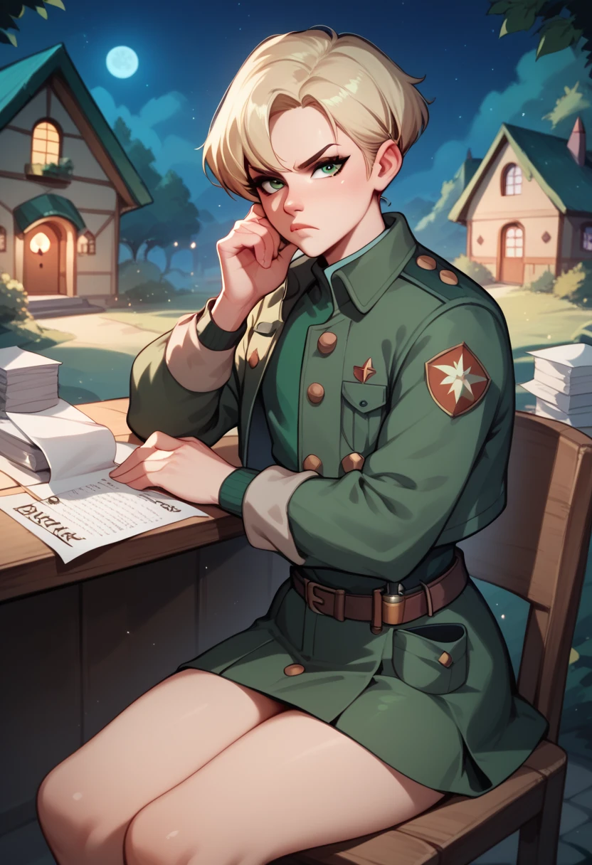 Femboy, old huter uniform (green hunter jacket), straight kare hair, sitting, writing in papers, in hunter house, night, serious expression