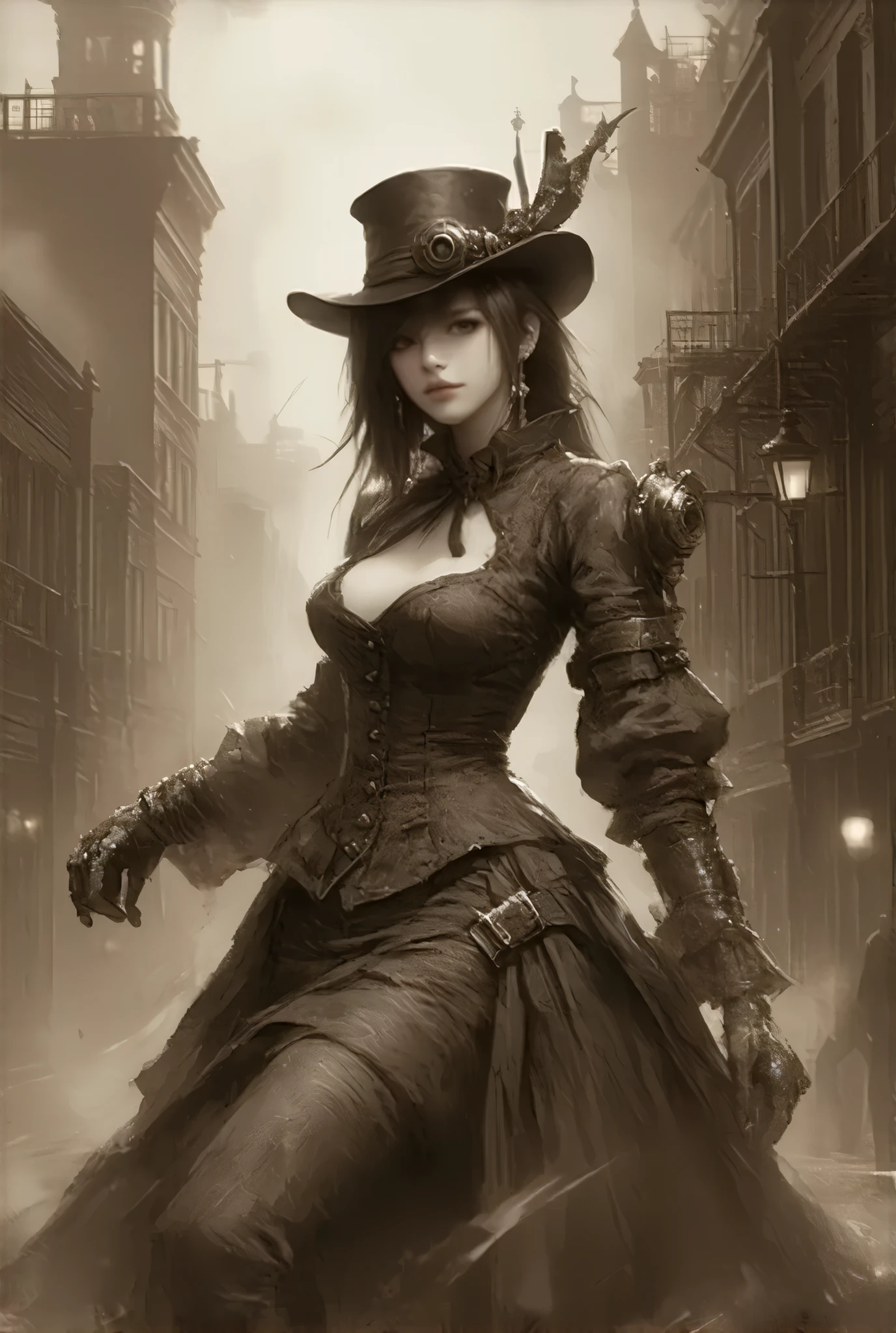 (:1.2), (steampunk style, Sepia nostalgic painting style:1.3)、(((masterpiece)))、((highest quality))、(super detailed)、(CG illustration)、(so beautiful ))、cinematic light、(((one young lady in steampunk style gear equiped dress, final fantasy VII Tifa Lockhart))), (hat with mechanical gear and scope), ((large breasts:1.2), (huge breasts:1.2), (Uplifted and well-defined bust:1.2), (lifted chest:1.2), (perky breasts :1.2),(deep cleavage:1.4), riding on mechanical bike、  near future city,  brick building,  steampunk,  Rusty and heavy, Water vapor from the sewer , , Gear,,  skyscraper , Tower, Steam power, Steam pipe , Street lamp, ( Cinematic Lighting :0.8,  super detailed, bloom)