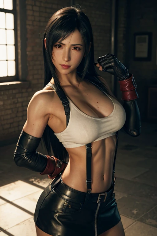 (8k, best quality, masterpiece:1.2), (realistic, photo-realistic:1.37), (full body), 1female solo girl, standing, legs apart, (wide stance) standing contrapposto, ultra-detailed, 1 girl,cute, solo, (tifa lockhart), (large breasts:1.5), (beautiful detailed eyes), (smile:1.2), (closed mouth), sharp focus, depth of field, good composition, Final Fantasy VII, very long straight hair, hair bang, ((red_eyes)), intricate, bokeh, (Tetsuya Nomura style), perfect breasts, white tank top, black thong, suspenders, gloves, stockings, toned body, athletic, wide hips, thin waist, toned arms, exposed abdomen, view from behind