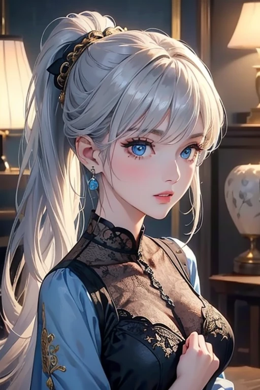 Big Breasts、tall、Toned body、belly button、Beauty、(Ash Blonde Hair)、((Very bun hair))、Perfect Face、An innocent smile、Upper Body、(Cerulean Eye)、(yan)、(Petite)、(slender)、((Flat Chest))、((Only 16))、Skin irregularities、Extreme Detail、Attractive oval face、Red lips、pink、Shiny skin、Detailed hair、Face focus、Chest close-up、Gorgeous hair ornament、Gold earrings、((One girl))、Embarrassed look、