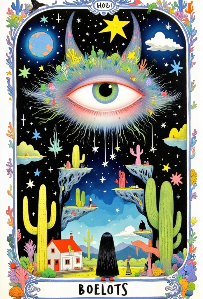       beautiful logo on the back of the tarot card in the center of the white background， with a large female eye ，The pupils are green，Reflects the dark forest ， with the head of a gray wolf and a house , painting \(medium\) , ночное Sky и галактика,       One star                 \(Sky\),                 One star                 \(symbol\),     watercolor \(medium\),     ночное Sky и галактика,  lots of white background and tarot frame   