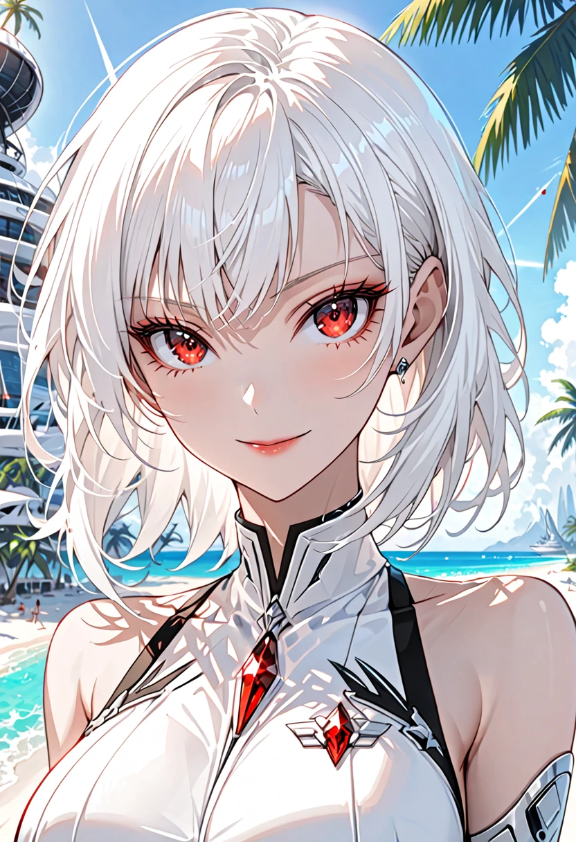 solo female, short white hair, red eyes, large breasts, female ceo, futuristic, simple elegance, elegant clothes, beach, swimsuit, sunny, small smile, palm tree, close up, jewelry