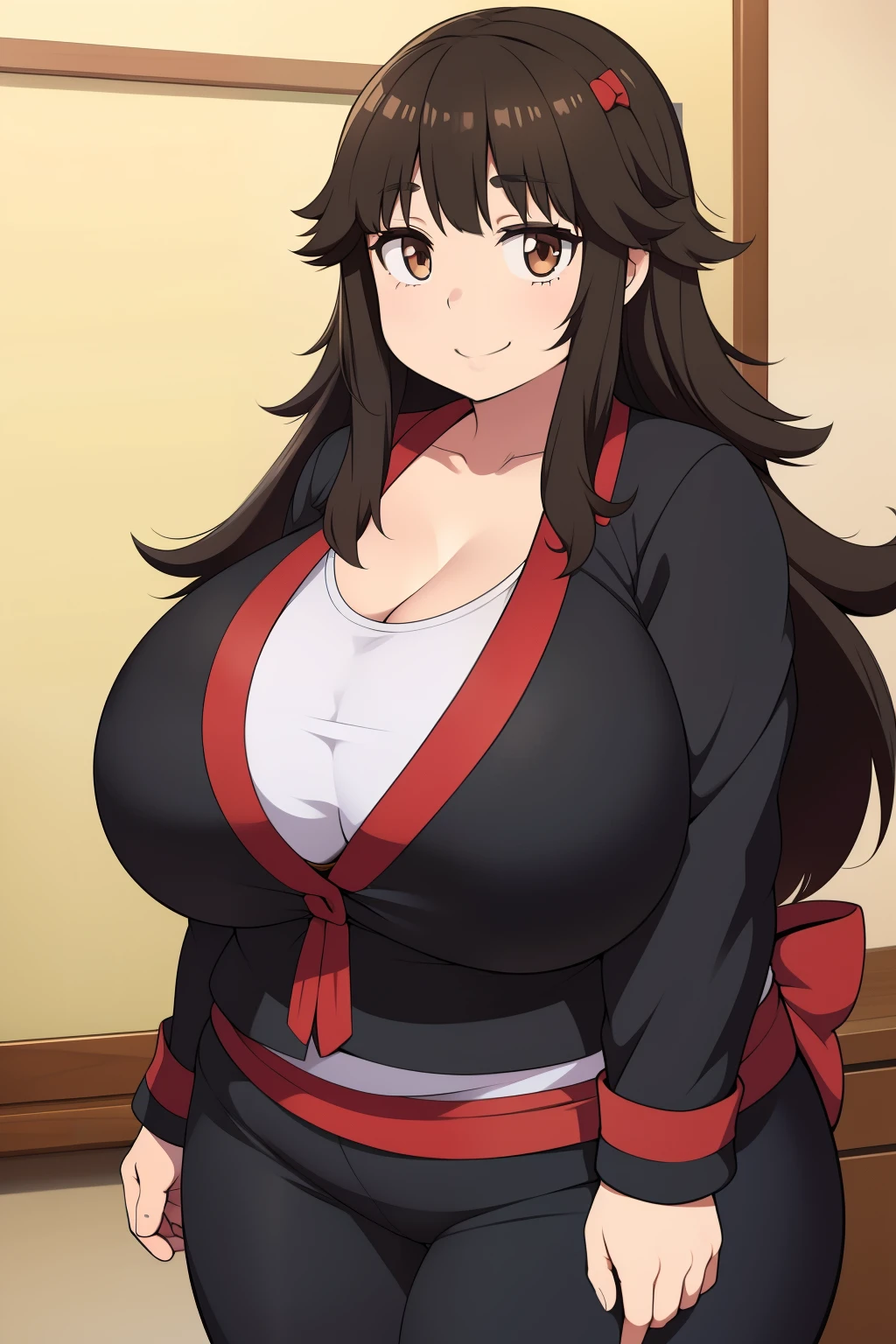 Chubby girl with big breasts brown eyes long and messy black hair Jinako Carigiri smiling