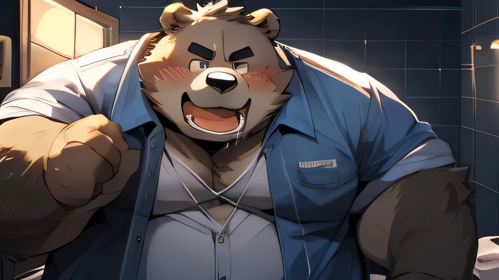 (Alone), (three headed wolf), adult male, ((masculine, furry, detailed eyes)), by dramamina:1.3, by disney, Obese, Gray background, button up, Cowboys, belt, Text balloons:1.5, correct hands, ultra detailed, pose natural, ((angry, arguing, bickering, ceñudo, eye contact:0.9)), barba, sitting in a recliner, yellow eyes