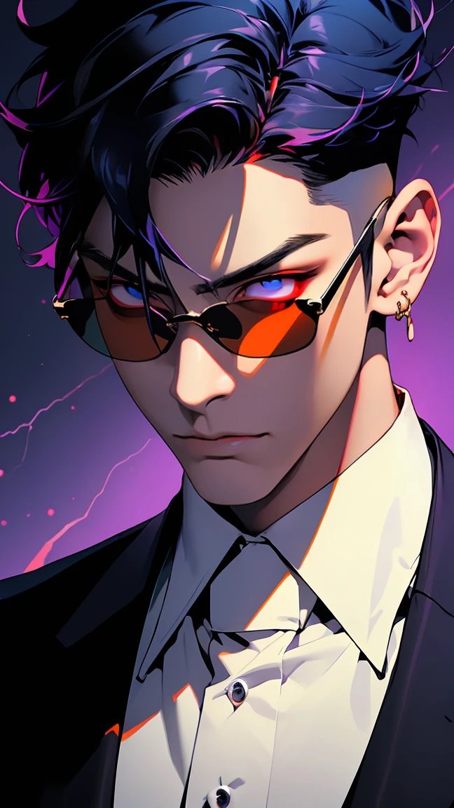 highest quality, 8K, high resolution image, anime style Jujutsu Kaisen, dark skin, (Cú Chulainn (Alter) | Fate | FGO ) detailed strokes, crazy look, piercing gaze, out of focus, purple light is reflected from it, 1 man, young, male, model, hand in pocket, cool guy, multicolored background with various geometric shapes, all around stickers, muscular, DARK BLUE HAIR, Dark Blue hair, red eyes, multicolored hair, blue hair, highlighted hair, Hairstyle: undercut, puffy chest, businessman, He is wearing an business suit with white shirt with open collar and a black suit trousers and a gold link chain sunglasses, Background: Room, fullbody view