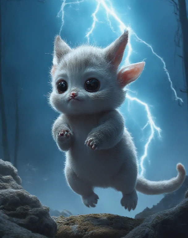 Top image quality、"Create cute creature masterpieces with inspired ultra-detailed concept art. Let your imagination come alive", （ermine）, high detailing, in 8K、Top image quality、jump up、uses magic、Thunder magic in the background