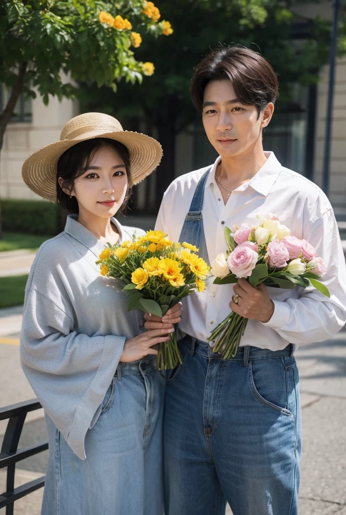 they are posing for a picture with a bouquet of flowers, Kim Do-young, Shin Jinying, height of 165cm, photoshoot, 155 cm tall, With flowers, pastel', product introduction photos, coloured photo, couple pose, photo 1 5 mm, wearing green suit, Portrait shooting, smooth in _ Background with, seseon yoon, hyung tae