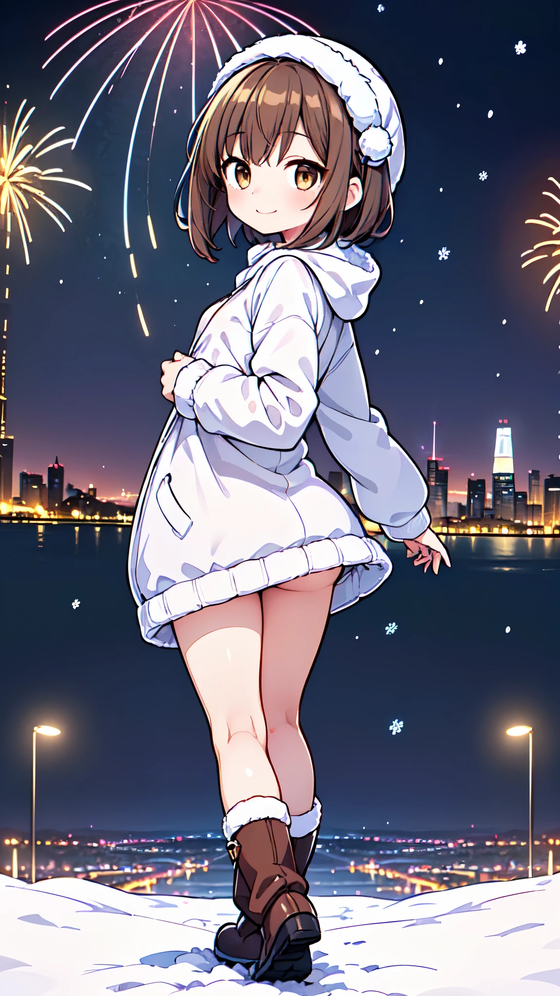  1 girl in uniform、((( short brown hair 、 Beautiful brown hair、 Light Brown Eyes 、  small breasts、 butt is small 、Teasing Smile)))、 slightly chubby、
Watercolor、 top quality、  super high resolution、8k、 show anime style  、 Softline Art 、Digital Enhancement、Flowing fabric、Soft Drawing、 Ultra High Definition Digital Animation Art 、Vivid expression、 Super Detailed Girl Cartoon Character Art 、 top qualityの色、
((( Panoramic View:1.3、 Girl Walking Through LED Illuminations in a Winter City:1.3)))、(white duffle coat 、Light blue sweater、tartan check bustle skirt、Brown snow boots、 Frontal View 、Tiny Toe Angle )
