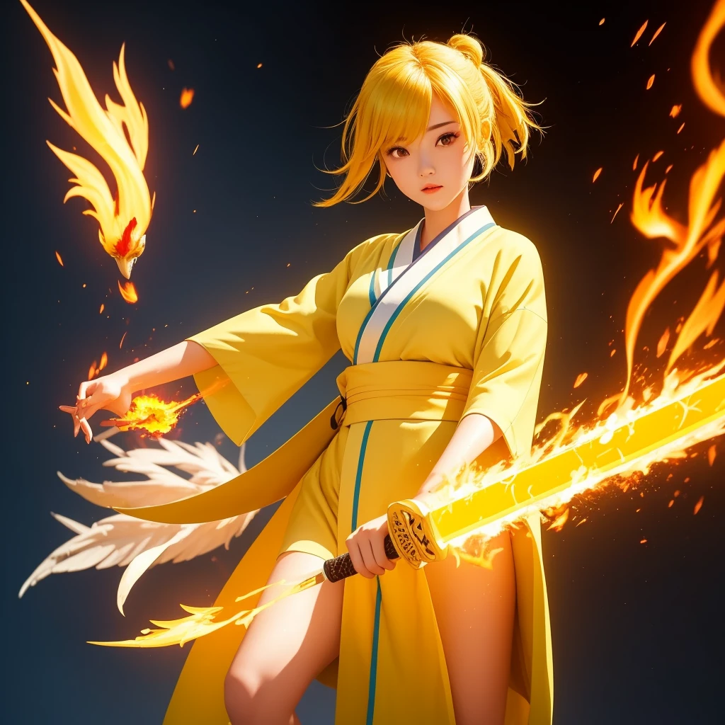 fantasy.Dream.night.
(yellow bear ear).yellow hair over human ear.
yellow bob hair: chibi,Alone.beautiful.busty.
glowing yellow eyes.half eyes.
Green Kimono.
yellow-musume.playing a katana,draw.
.breathe.
,embarrassing,blush,
(Yellow steam Effect:1.5).Yellow splashes splash sideways,
(Girl with yellow-Flame - yellow Feathers - Fenix - Fenix Girl - yellow-Flame - Ultra Flames - yellow-Flames).