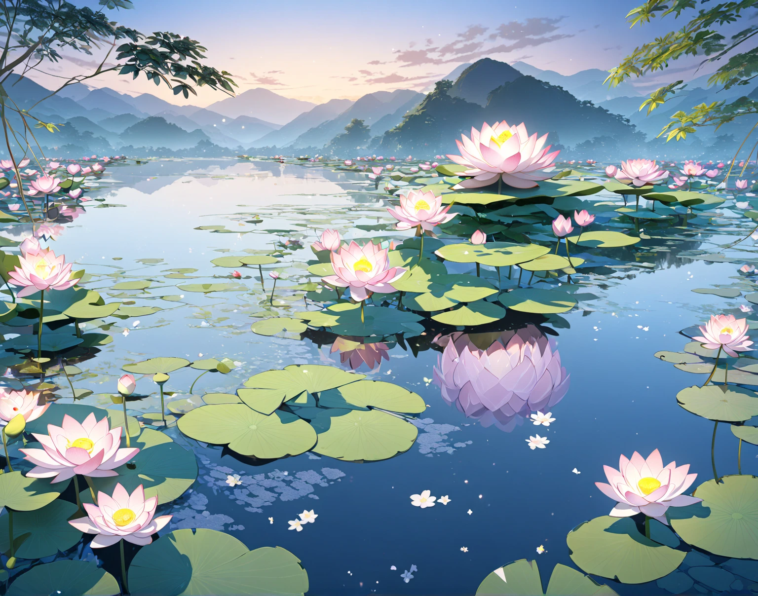 3D Spatial,Lotus flowers are blooming all over ,The waterside where water lilies are in full bloom,There is a gentle untouched mountain in the back々,Time is night, beautifully illuminated by moonlight,star々A twinkling ,