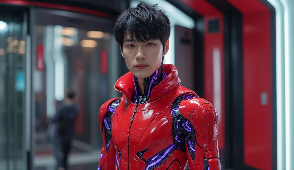 a handsome Korean male kpop idol whose body is a red cyborg robot with purple lines with intricate details in a sophisticated place like the future