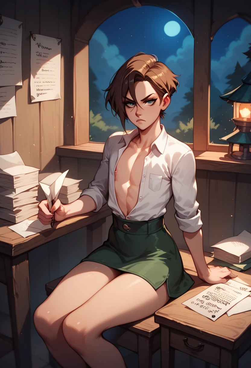 Femboy, half visible shirt, straight kare hair, sitting, writing in papers, in hunter house, night, serious expression