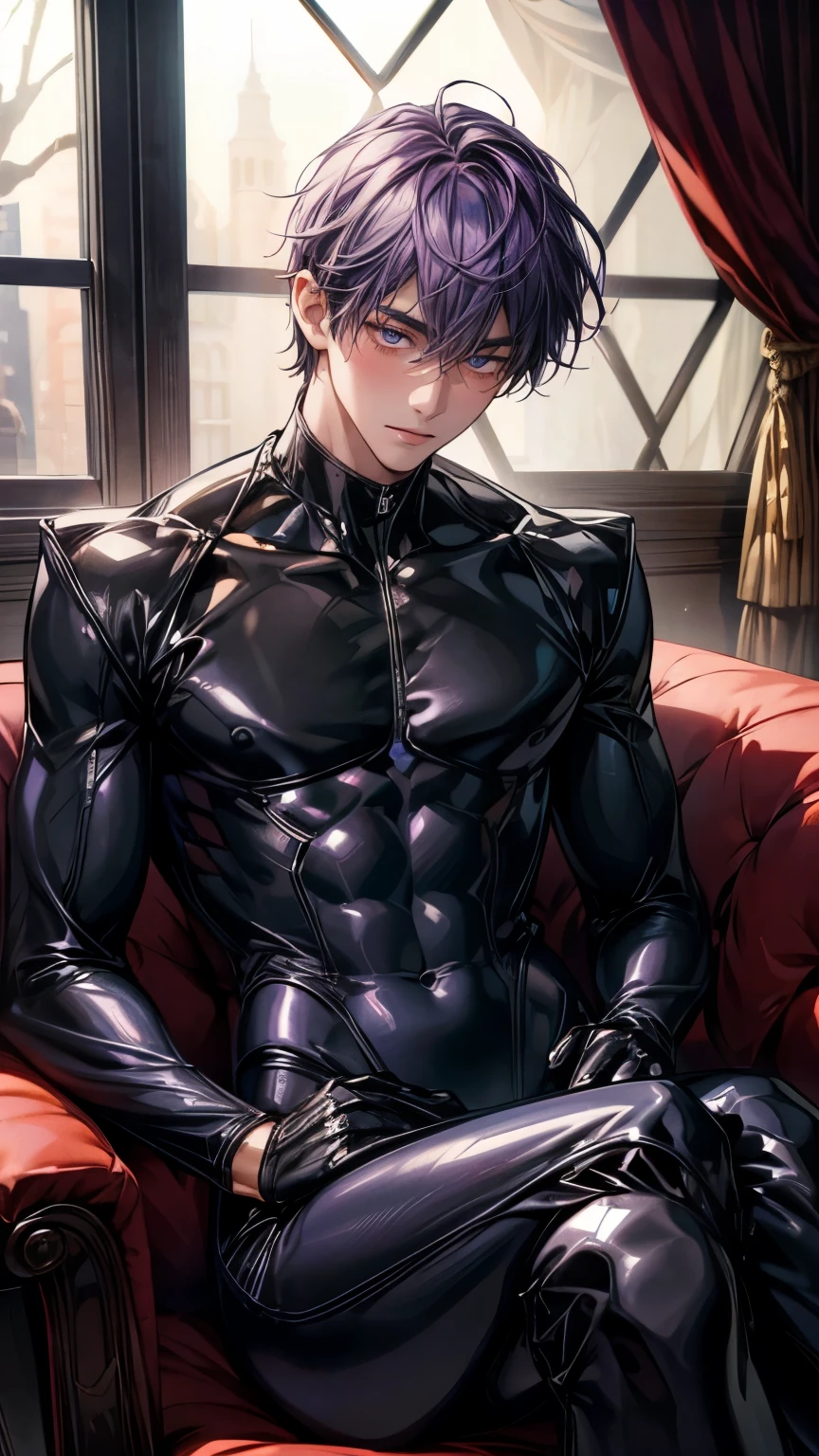 (One beautiful handsome man), tongue out, blushing, purple short hair, beautiful eyes, Beautiful double eyelids, pointy nose, glowing skin, abs, ((blackrubber suit with open chest)), bulge between the legs, gloomy room, Sit with your knees up, Digital painting, 16K, Best quality, masterpiece, ultra-detailed, nsfw, medium shot, anatomically correct