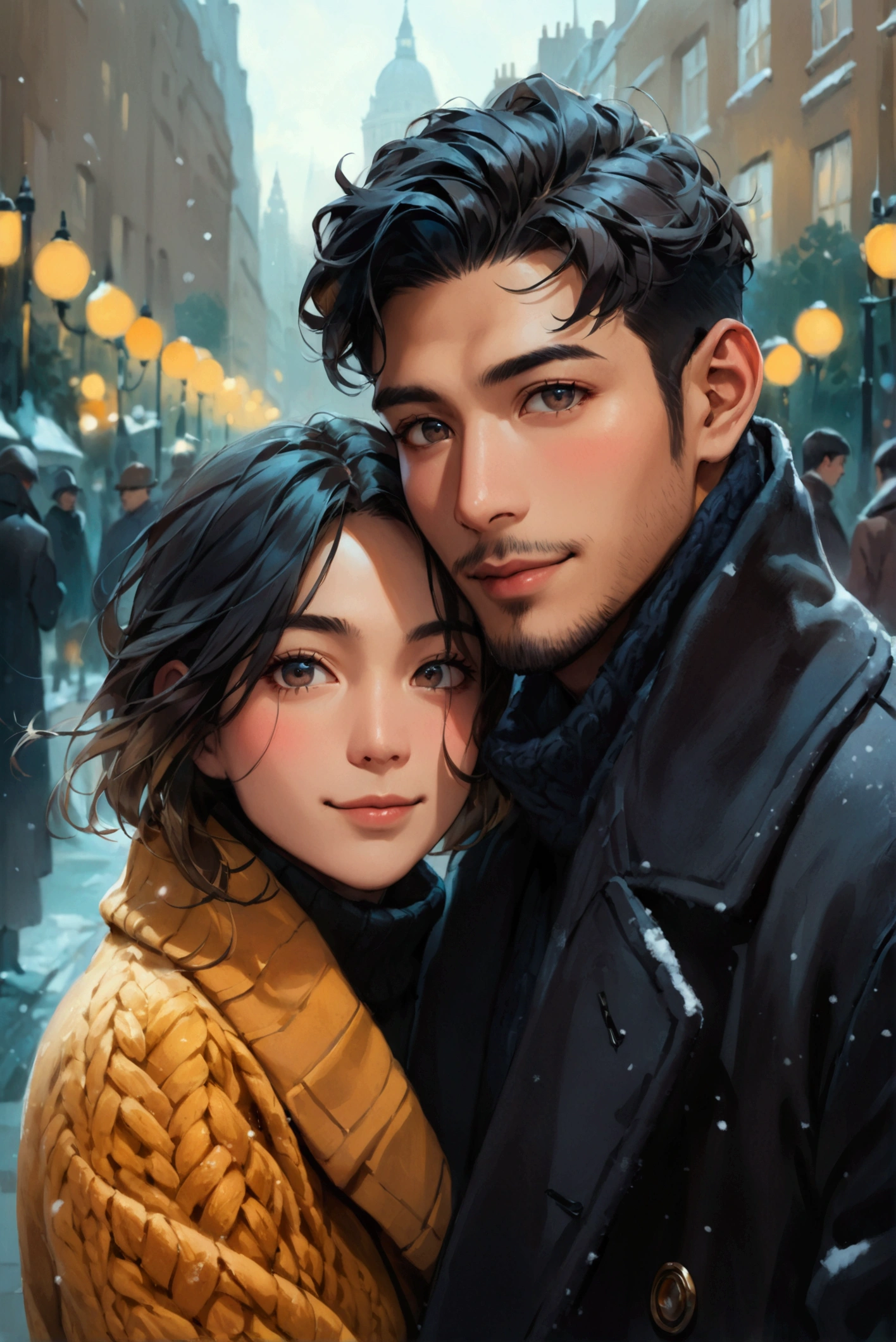 Portray a full shot of an international couple on the streets of London. The couple is walking arm in arm looking directly in to the camera, accentuating a joyful winter time. The couple features an Asian man in his thirties and a white European woman in her twenties. The man has a strong square face, defined by his brown skin, golden undertone, round black eyes, low cheek bones, a straight nose, and short black hair in class slick back. He is dressed in fine long coat over a suit. 
The pretty oval face of his European girlfriend is well defined by almond eyes in light hazel color, low cheek bones, prominent nose, long blonde hair, fair complexity and cool undertone. She is dressed in a knitted sweater. London background on a chilly day with gray sky in an early morning, 
((full shot)), ((looking at viewer)), ((Asian man)), ((European woman)), (couple shot), ((wide view)), highly detailed, soft lighting, natural makeup, vibrant colors, (arm in arm), blush, ((smile))