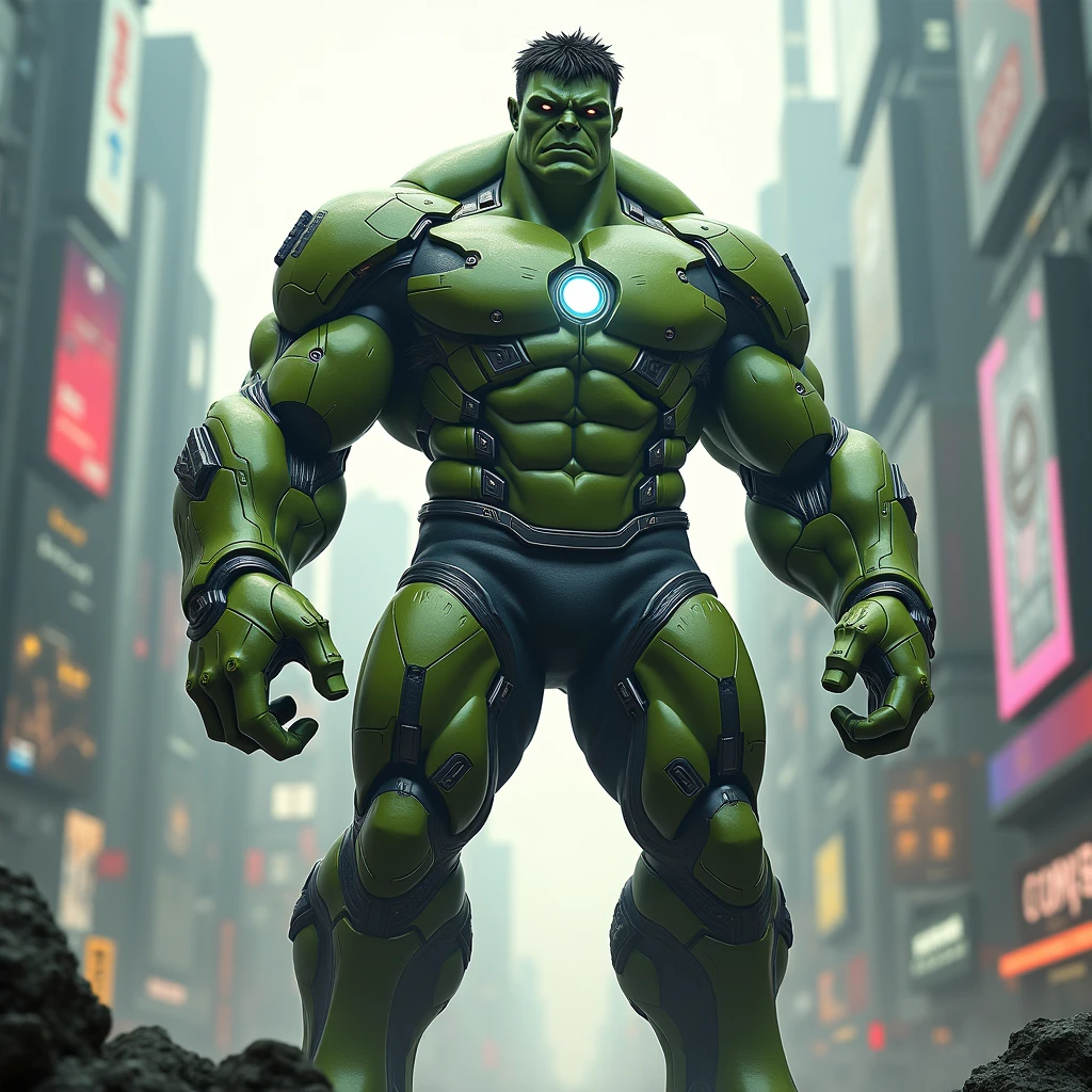 Hulk in futuristic green golden glossy suit in neon red light cenematic background 