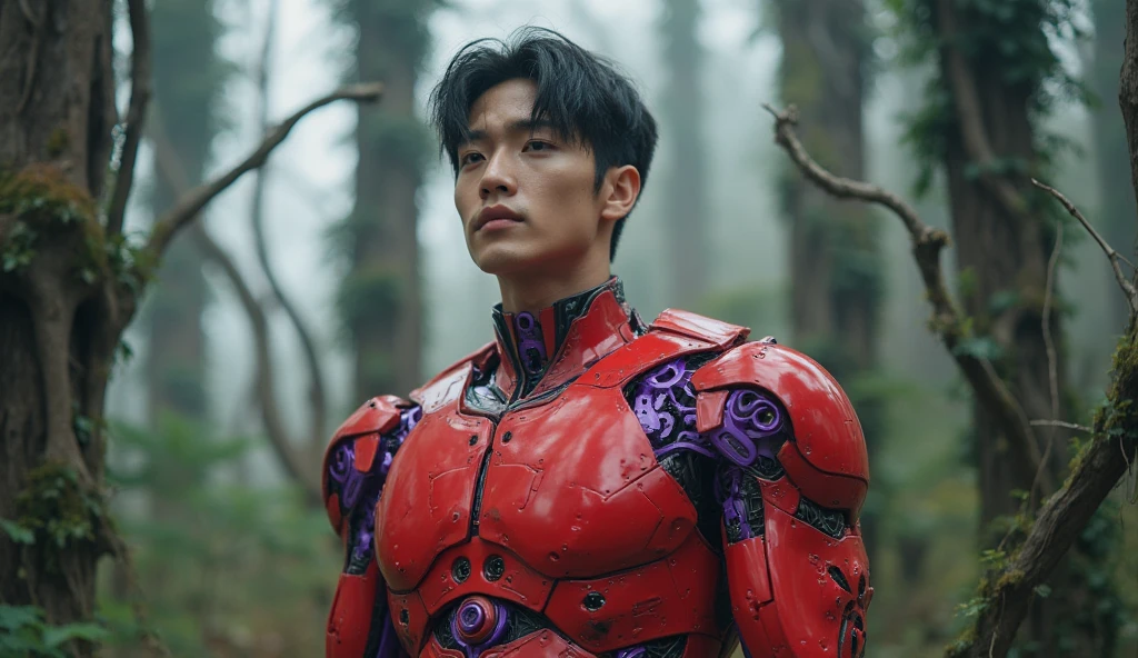 a handsome Korean male kpop idol whose body is a red cyborg robot with purple lines with intricate details in a forest with sophisticated trees, lots of machines on the trees.