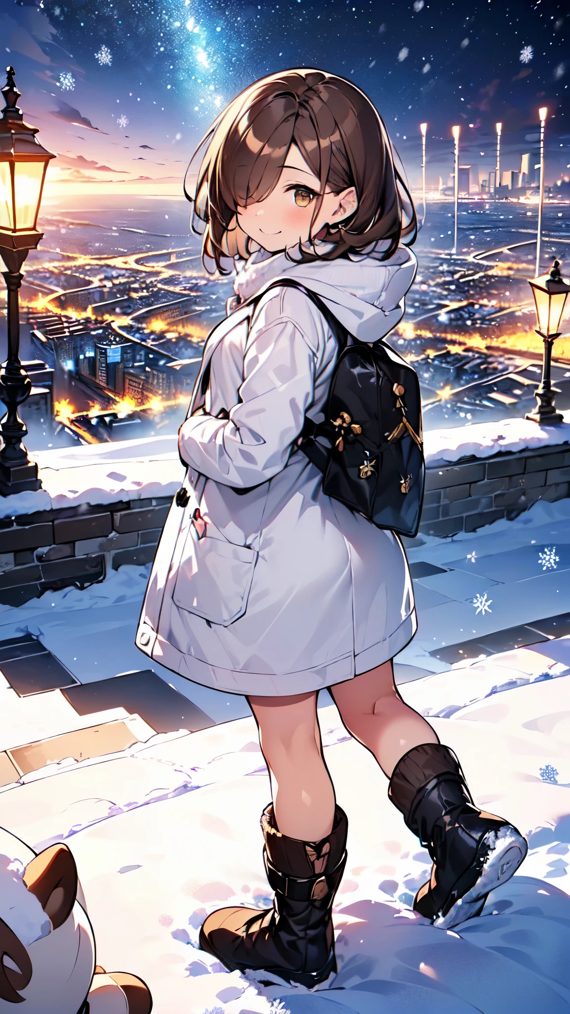 1 girl、((( short brown hair 、 Beautiful brown hair、hair over one eye、Diagonal bangs、 Light Brown Eyes 、 small breasts、 butt is small 、Teasing Smile)))、 slightly chubby、
Watercolor、 top quality、 super high resolution、8k、 show anime style 、 Softline Art 、Digital Enhancement、Flowing fabric、Soft Drawing、 Ultra High Definition Digital Animation Art 、Vivid expression、 Super Detailed Girl Cartoon Character Art 、 top qualityの色、
((( Panoramic View:1.3、 girl walking through winter city illuminations:1.3)))、(white duffle coat 、Light blue sweater、 tartan check skirt、Brown snow boots、 Frontal View 、Tiny Toe Angle )