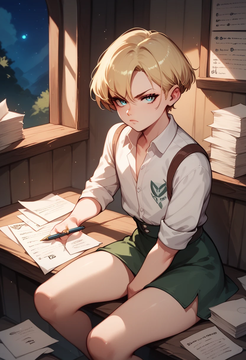 Femboy, half visible shirt, short blonde hair, sitting, writing in papers, in hunter house, night, serious expression