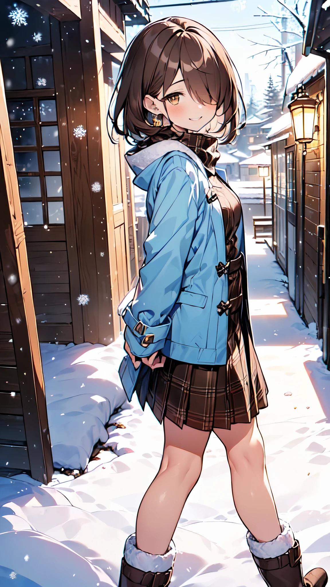 1 girl、((( short brown hair 、 Beautiful brown hair、hair over one eye、Diagonal bangs、 Light Brown Eyes 、 small breasts、 butt is small 、Teasing Smile)))、 slightly chubby、
Watercolor、 top quality、 super high resolution、8k、 show anime style 、 Softline Art 、Digital Enhancement、Flowing fabric、Soft Drawing、 Ultra High Definition Digital Animation Art 、Vivid expression、 Super Detailed Girl Cartoon Character Art 、 top qualityの色、
((( Panoramic View:1.3、 girl walking through winter city illuminations:1.3)))、(white duffle coat 、Light blue sweater、 tartan check skirt、Brown snow boots、 Frontal View 、Tiny Toe Angle )