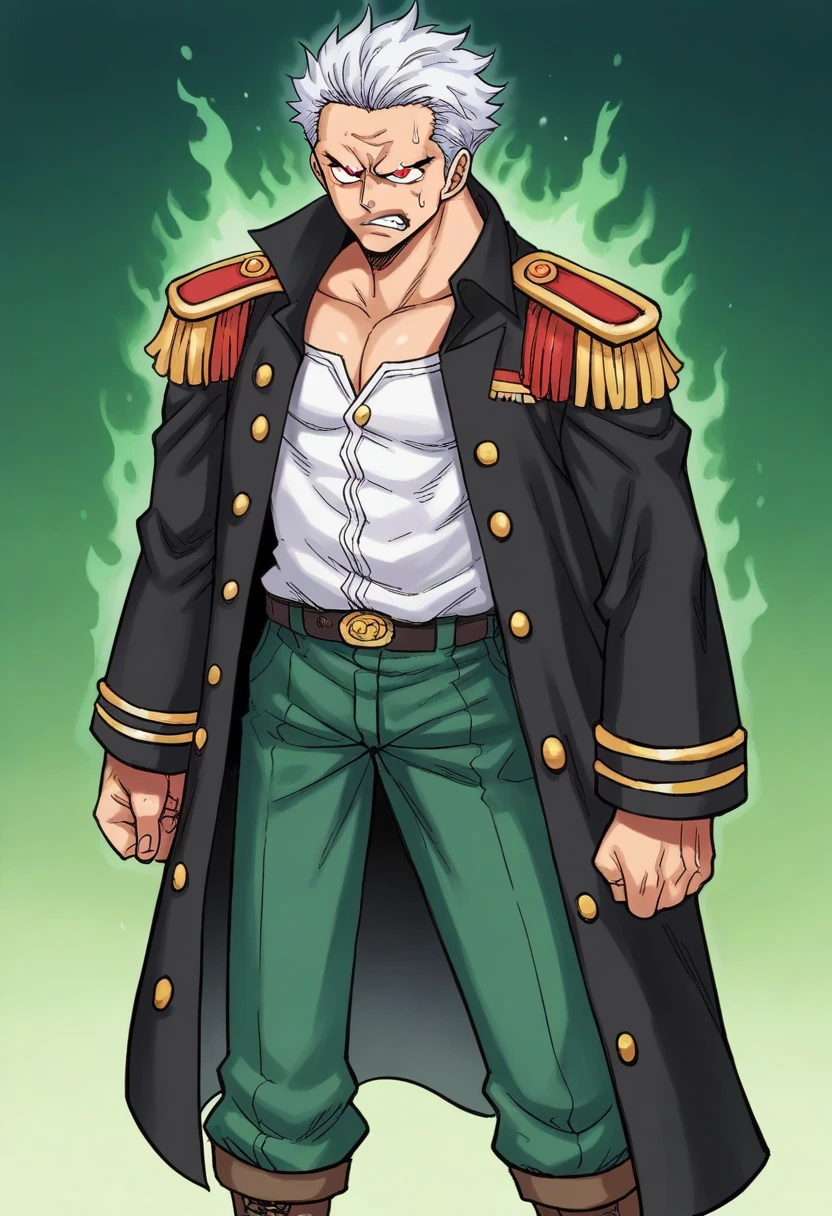 score_9, score_8_up, score_8, score_9, score_8_up, score_7_up,zPDXL2, source_anime,
burning forest, gradient background, green background, artstyle_onepiece_mangacolored_ownwaifu,
ftrunksxl, 1boy, solo, one_piece_style, exaggerated_proportions, imposing, mature,
[eye_color] glowing_red_eyes, burning_pupils
[body_type] massive_muscular_build, broad_shoulders, towering_height
[chest] barrel_chested
[skin_type] obsidian_black_skin, magma_cracks_showing
[expressions] perpetual_scowl, intimidating_gaze
[hair_length] short_military_cut
[hair_style] slicked_back
[hair_color] dark_red_hair
[clothing] marine_admiral_coat, white_suit, golden_epaulettes, combat_boots, magma_effects, volcanic_landscape, flat hair, 1990s \(style\),
