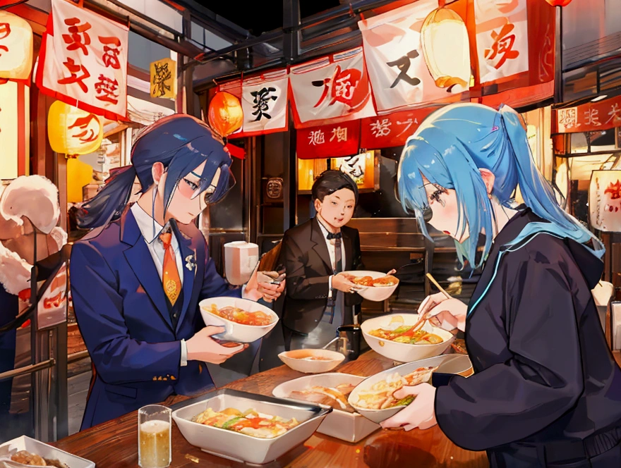  2 sisters in underwear and 2 men in suits eat delicious Chinese food、 big and small  、 thin and cute blue bra 、 thin and cute blue underwear 、 large serving of salted ramen ,  fried rice and gyoza set menu 、Beer mug 、