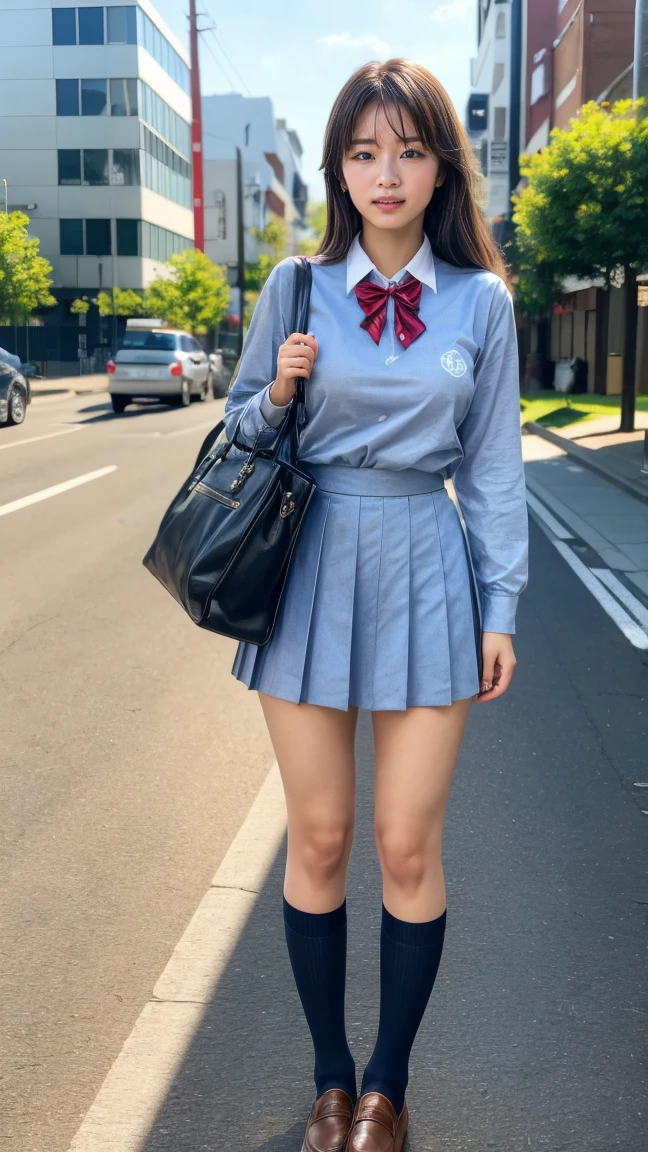 a beautiful 18 year old Japanese high school girl with perfect anatomy, healthy thighs, beautiful legs, beautiful skin, random hair color and style, large breasts, (wearing a Japanese schoolgirl uniform:1.3), (she is standing:1.2), penny loafers, holding a student bag, full body shot, standing on a city street, (best quality,4k,8k,highres,masterpiece:1.3),(extremely detailed:1.2),photorealistic,ultra-detailed,vivid colors, studio lighting, professional