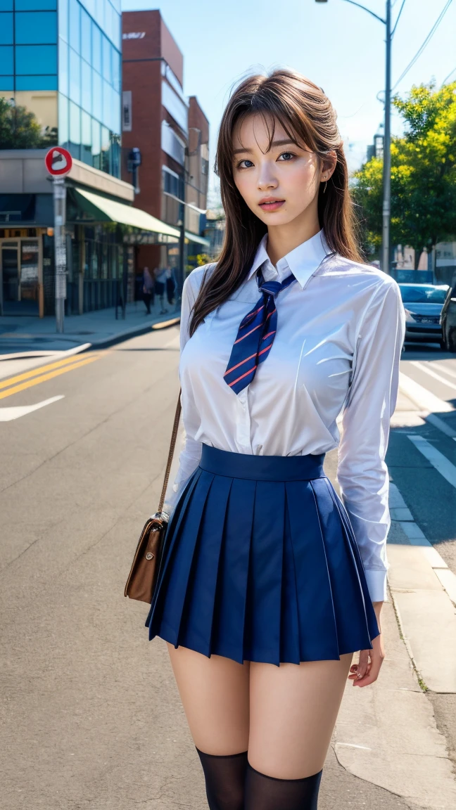 a beautiful 18 year old Japanese high school girl with perfect anatomy, healthy thighs, beautiful legs, beautiful skin, random hair color and style, large breasts, (wearing a Japanese schoolgirl uniform:1.3), (she is standing:1.2), penny loafers, holding a student bag, full body shot, standing on a city street, (best quality,4k,8k,highres,masterpiece:1.3),(extremely detailed:1.2),photorealistic,ultra-detailed,vivid colors, studio lighting, professional