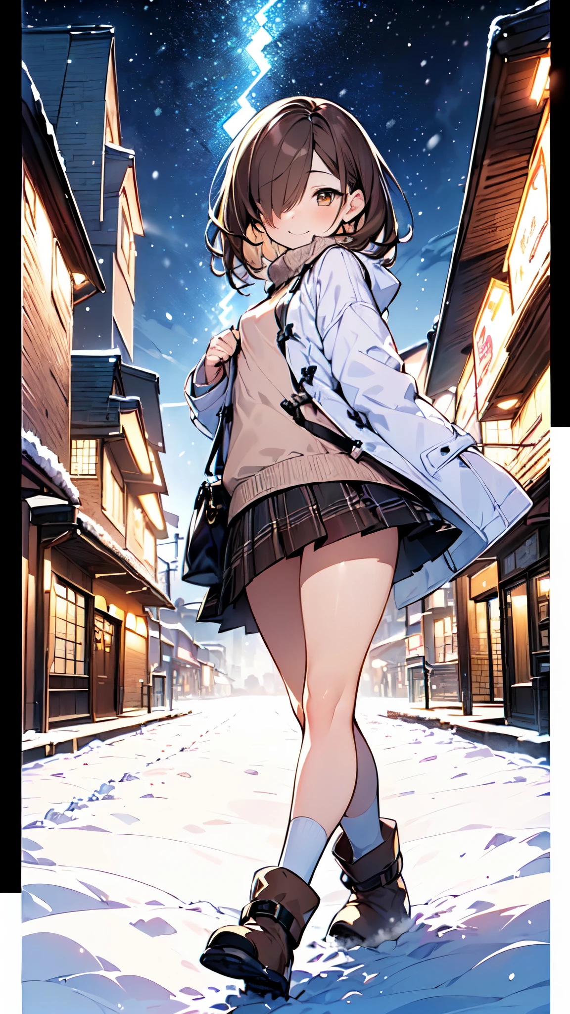  1 girl、((( short brown hair 、 Beautiful brown hair、hair over one eye、Diagonal bangs、 Light Brown Eyes 、  small breasts、 butt is small 、Teasing Smile)))、 slightly chubby、
Watercolor、 top quality、  super high resolution、8k、 show anime style  、 Softline Art 、Digital Enhancement、Flowing fabric、Soft Drawing、 Ultra High Definition Digital Animation Art 、Vivid expression、 Super Detailed Girl Cartoon Character Art 、 top qualityの色、
((( Panoramic View:1.3、 girl walking through winter city illuminations:1.3)))、(white duffle coat 、Light blue sweater、 tartan check skirt、Brown snow boots、 Frontal View 、Tiny Toe Angle )