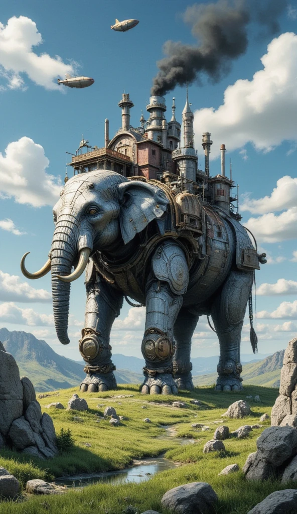 A steampunk-inspired, self-moving castle designed to look like an elephant. The structure is a complex fusion of mechanical parts, gears, and steam-powered engines, with large metallic legs resembling an elephant's, a trunk-like front, and steam pipes forming tusk-like shapes. The body of the castle is a blend of industrial elements and a whimsical, fantastical design, featuring smokestacks emitting black smoke and small houses built onto its sides. Above the moving castle are a couple of steampunk airships. The backdrop is a lush, grassy plain with rocky terrain and a blue sky filled with clouds, evoking a mystical, cinematic atmosphere reminiscent of Studio Ghibli's art style.