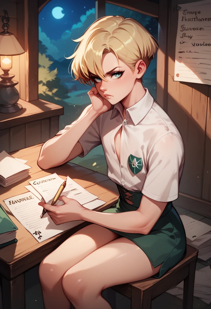 Femboy, half visible shirt, short blonde hair, sitting, writing in papers, in hunter house, night, serious expression