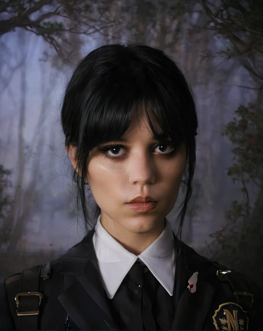 a beautiful picture of w3dn3sday, masterpiece, photorealistic, woman, detailed, backlighting, light, RAW color photo,(fully in frame:1.1), detailed skin texture, (blush:0.5), (goosebumps:0.5),wearing a uniform, black hair, I was gagged with a ball gag