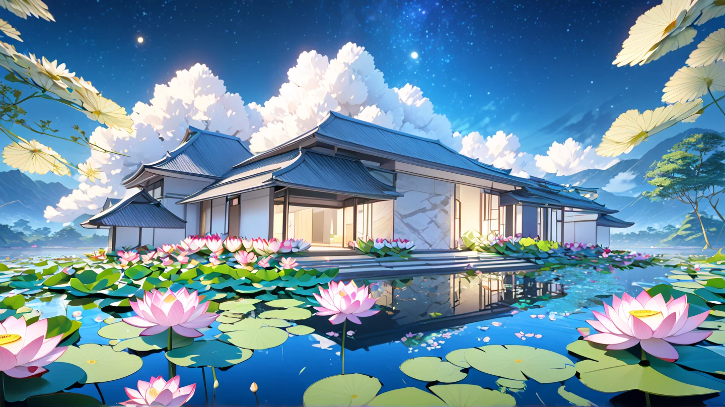 3D Spatial,Lotus flowers are blooming all over , Countless water lily flowers ,The waterside where water lilies are in full bloom,There is a gentle untouched mountain in the back々,Time is night,Deep Night, beautifully illuminated by moonlight,star々A twinkling ,Portrait level depiction 