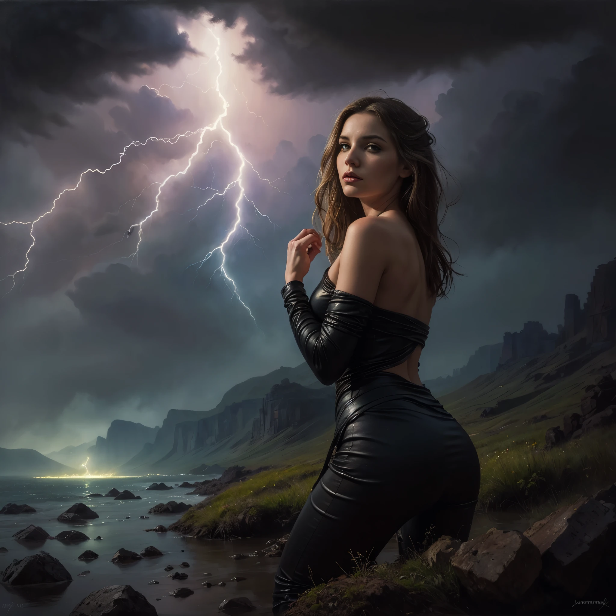 On the battlefield of the storm, naked woman, , owns a weapon, endowed with the power of the element of fire..( Rain and lightning danced around her), Reflecting the strength of her resolve,Because she embodies the power of the forces of nature in battle..Official art, 8k wallpaper, ultra detailed, Beautiful and aesthetic, Beautiful, Masterpiece, Best quality,(Focus on hips up),clean face,eyes detailed,(wind,Flowing strands of hair,Flowy skirt),