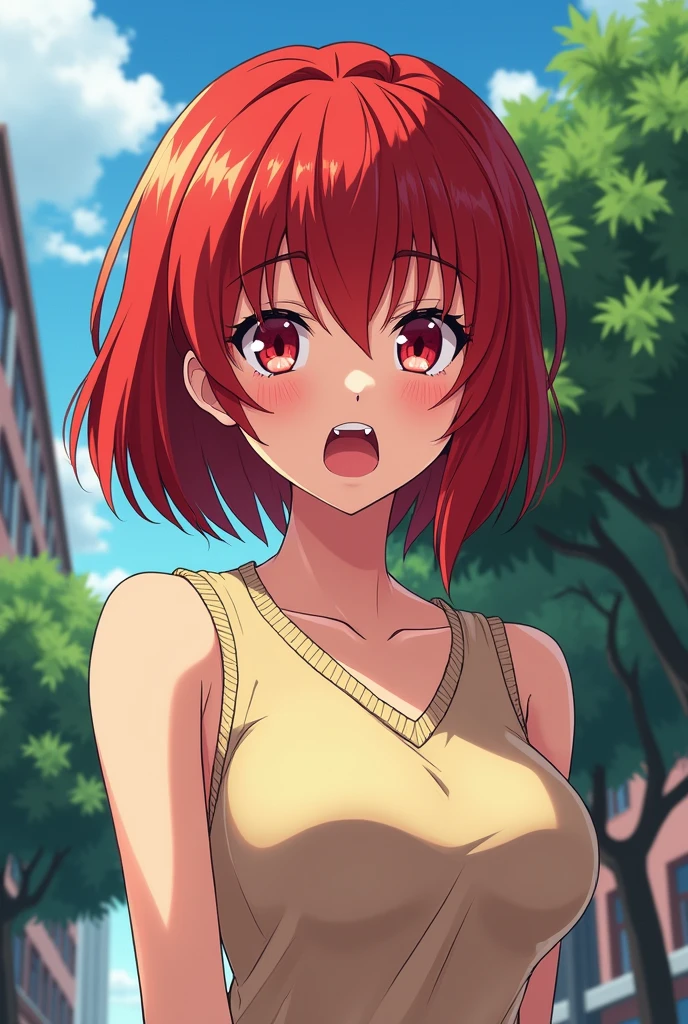 Make a redheaded teenage girl with short hair and purple eyes wearing a bra. Embarrassed and angry on the school rooftop.
anime styling.