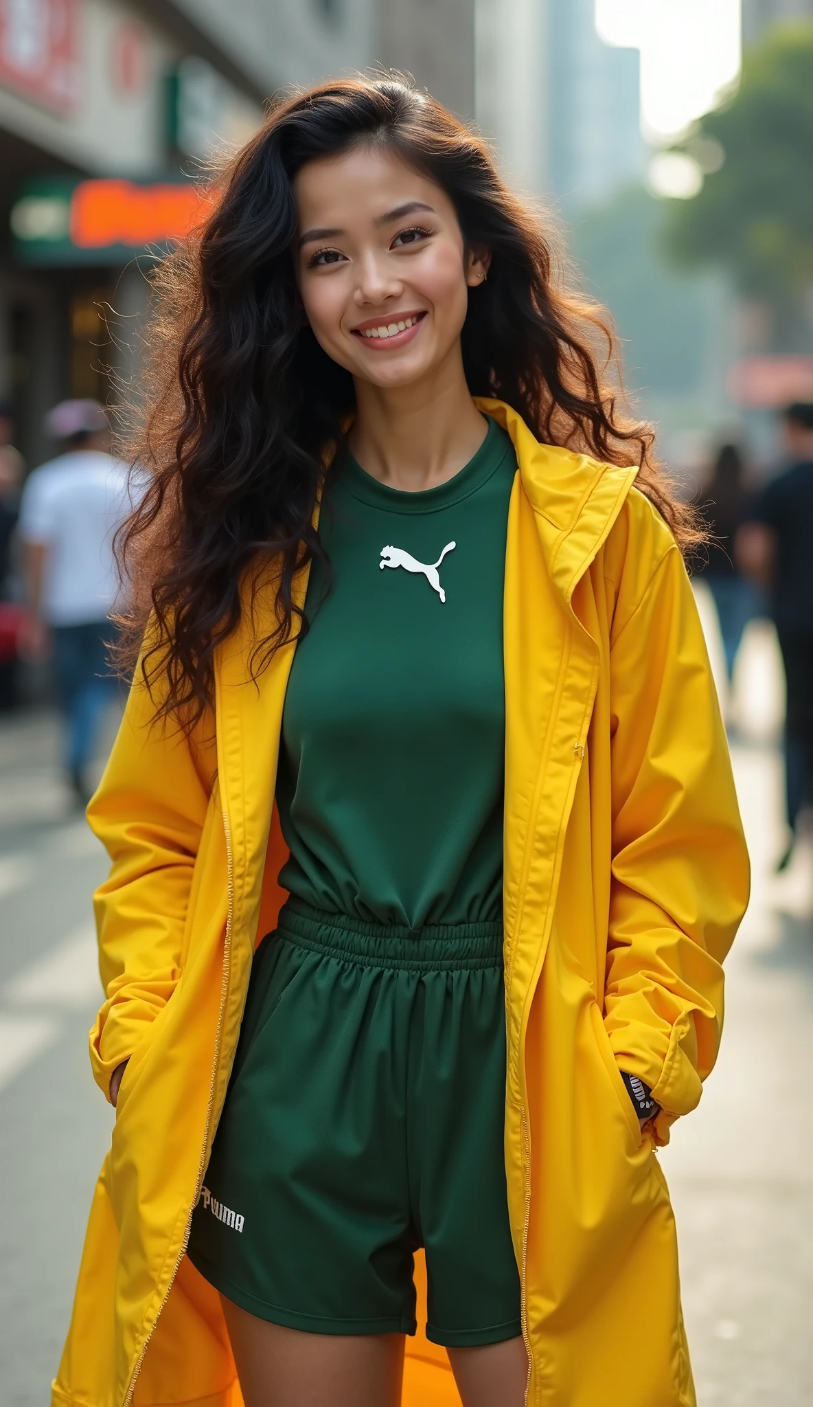 Araffe woman in a yellow raincoat and green shorts - SeaArt AI