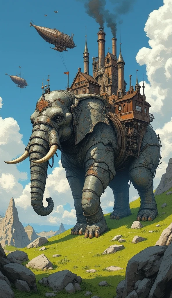 A steampunk-inspired, self-moving castle designed to look like an elephant. The structure is a complex fusion of mechanical parts, gears, and steam-powered engines, with large metallic legs resembling an elephant's, a trunk-like front, and steam pipes forming tusk-like shapes. The body of the castle is a blend of industrial elements and a whimsical, fantastical design, featuring smokestacks emitting black smoke and small houses built onto its sides. Above the moving castle are a couple of steampunk airships. The backdrop is a lush, grassy plain with rocky terrain and a blue sky filled with clouds, evoking a mystical, cinematic atmosphere reminiscent of Studio Ghibli's art style.