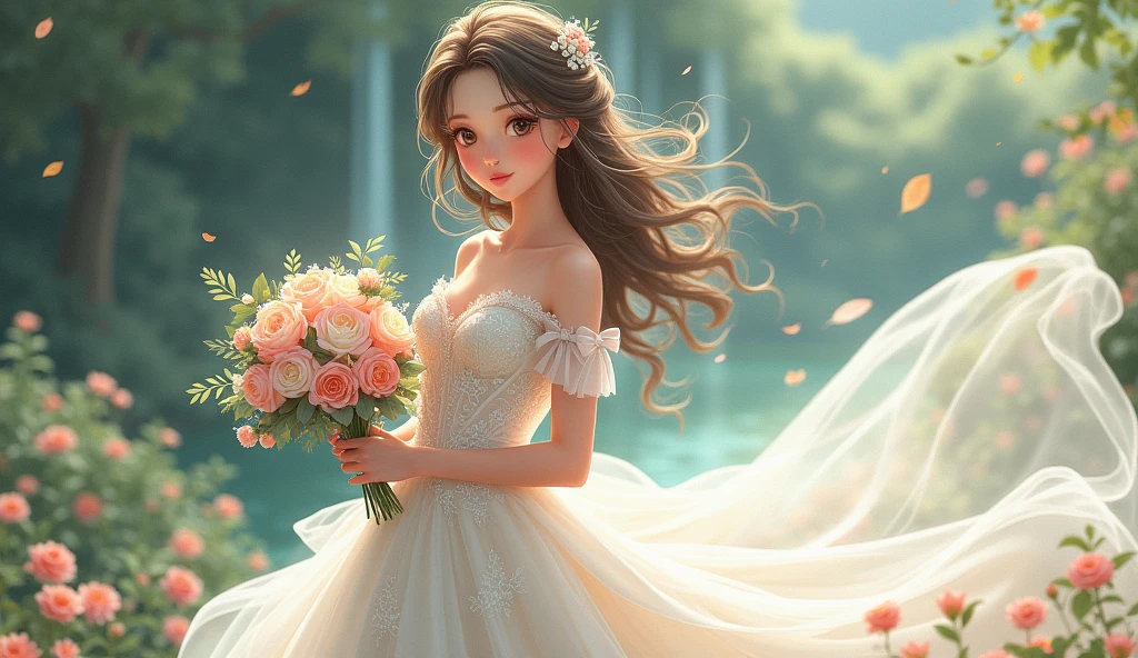 A woman in a wedding dress holding flowers in anime style - SeaArt AI