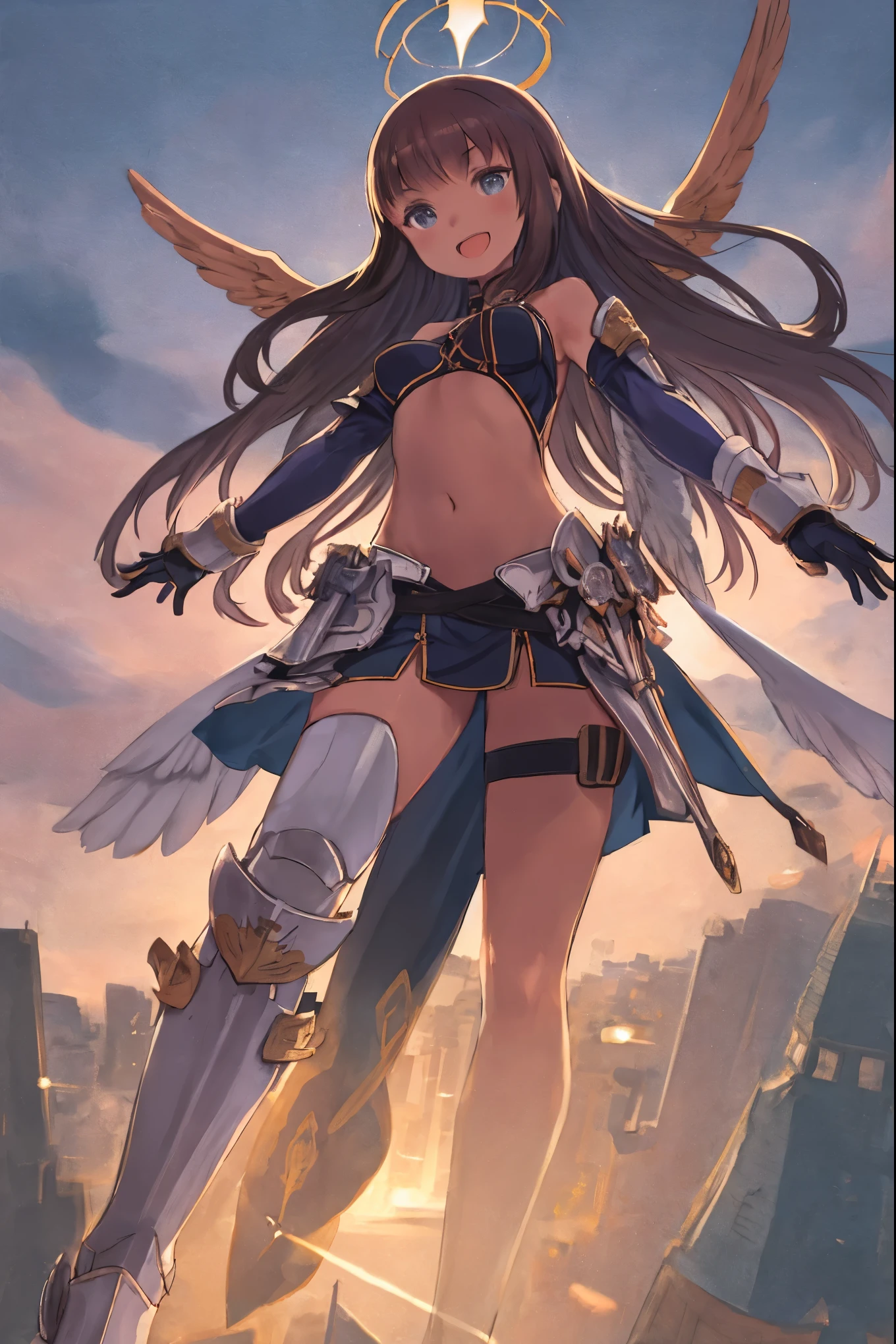 fantasy, 1angel_girl,, ,brown_hair, medium_bob_hair, long_bangs, halo,bare_shoulder,thighhighs,silver_armor, waist_armor, large_breasts,angry,grinning,open_mouth_teeth, 1pair_wings, dynamic_pose_fighting,floating, bare_crotch, headgear,gauntlet, greaves,city_sky_background,slightly_spread_legs, solo, groin_naked