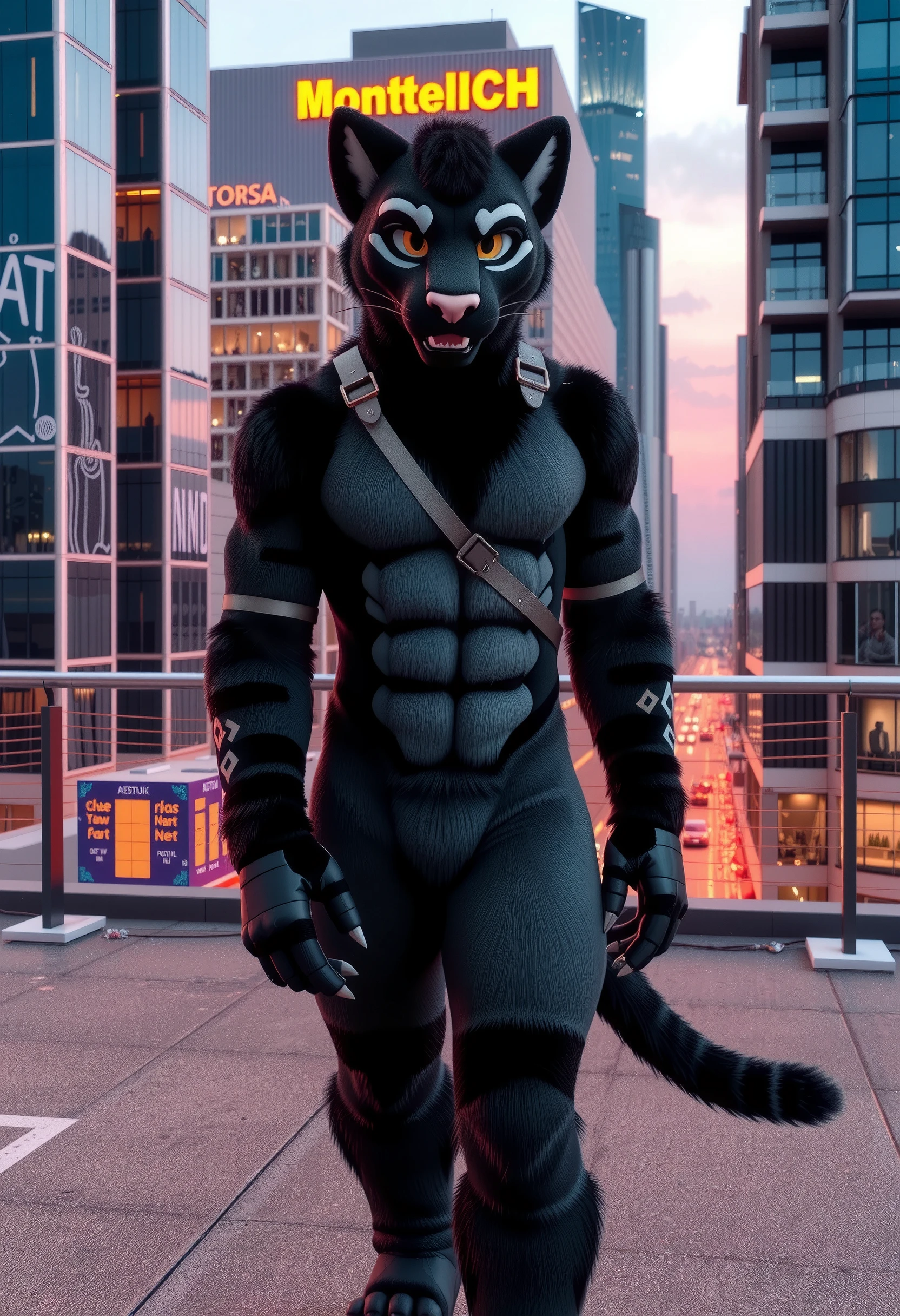 3D artwork of a fursuit male panther, anthropomorphic and muscular, designed for an adult character. The fursuit has sleek black fur with subtle hints of deep blue under certain lighting, emphasizing the elegance and power of the panther. His physique is well-defined, showcasing strong arms, a broad chest, and an athletic build. The face is expressive, with piercing yellow eyes, sharp features, and a confident smirk. The fursuit includes intricate details such as realistic fur texture, retractable claws, and a long, elegant tail. The panther wears minimalistic accessories, like a leather harness across his chest and subtle tribal tattoos on his arms, highlighting his wild yet controlled nature. The scene is set in a modern urban jungle at dusk, with tall skyscrapers and neon lights reflecting on wet pavement. The atmosphere feels vibrant and alive, with the panther standing on a rooftop, overlooking the city with a confident pose. Ultra cinematic realism, Ultra HD 8K, highly detailed textures, hyper-realistic lighting, perfectly capturing the sophistication and raw power of the fursuit.