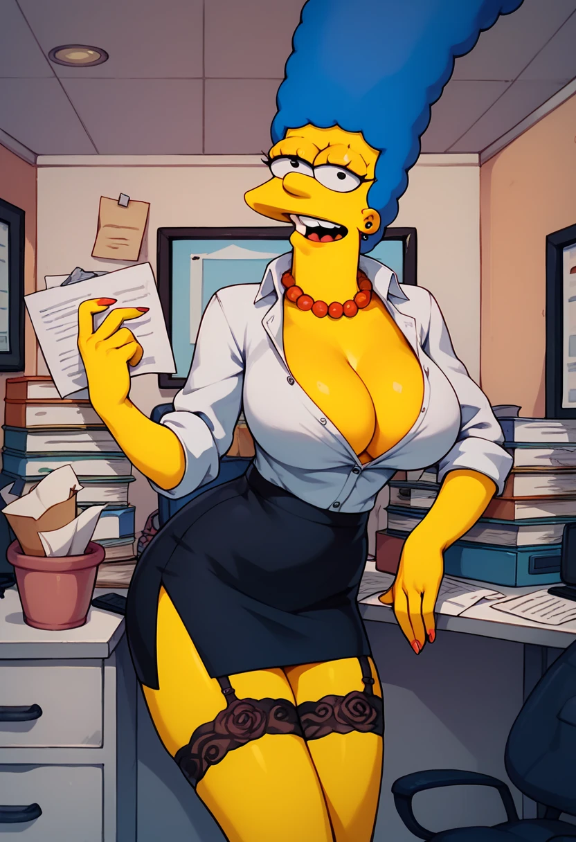 Marge Simpson with big breasts is in the office wearing a sexy garter posing for the boss