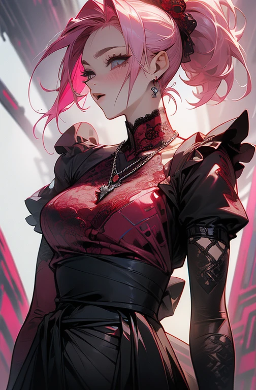 Cool women、sexy、Center of chest、Rize from Chainsaw Man、beauty、Yandere、、Face close-up、Chest tattoo、Red lace、necklace、(look up)、(Pink Hair)、(Angle from the buttocks).(solo)、(black lace mask).