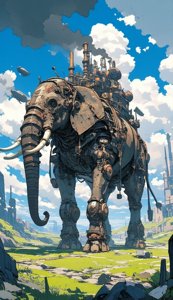 A steampunk-inspired, self-moving castle designed to look like an elephant. The structure is a complex fusion of mechanical parts, gears, and steam-powered engines, with large metallic legs resembling an elephant's, a trunk-like front, and steam pipes forming tusk-like shapes. The body of the castle is a blend of industrial elements and a whimsical, fantastical design, featuring smokestacks emitting black smoke and small houses built onto its sides. Above the moving castle are a couple of steampunk airships. The backdrop is a lush, grassy plain with rocky terrain and a blue sky filled with clouds, evoking a mystical, cinematic atmosphere reminiscent of Studio Ghibli's art style.