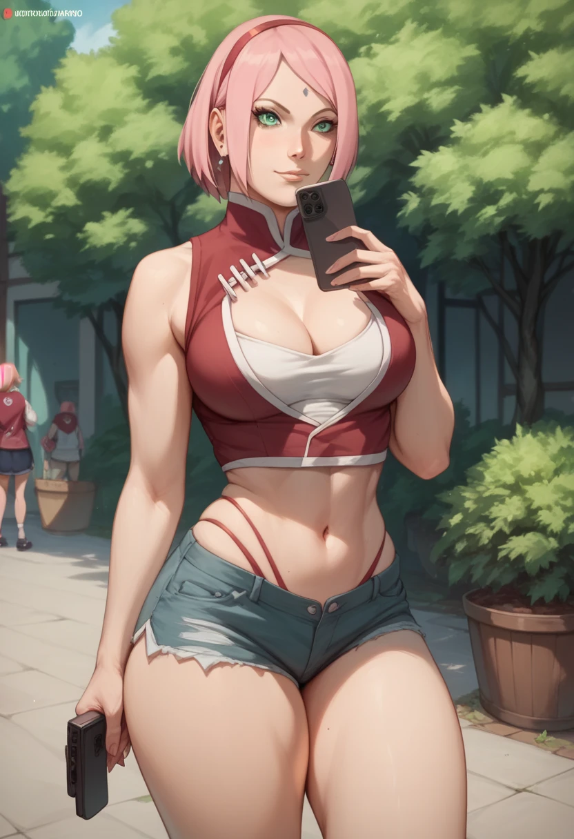 Sakura Haruno short pink hair green eyes medium large breasts healed belly leg thick thighs big healed with cell phone taking naked photo sending sexy on WhatsApp