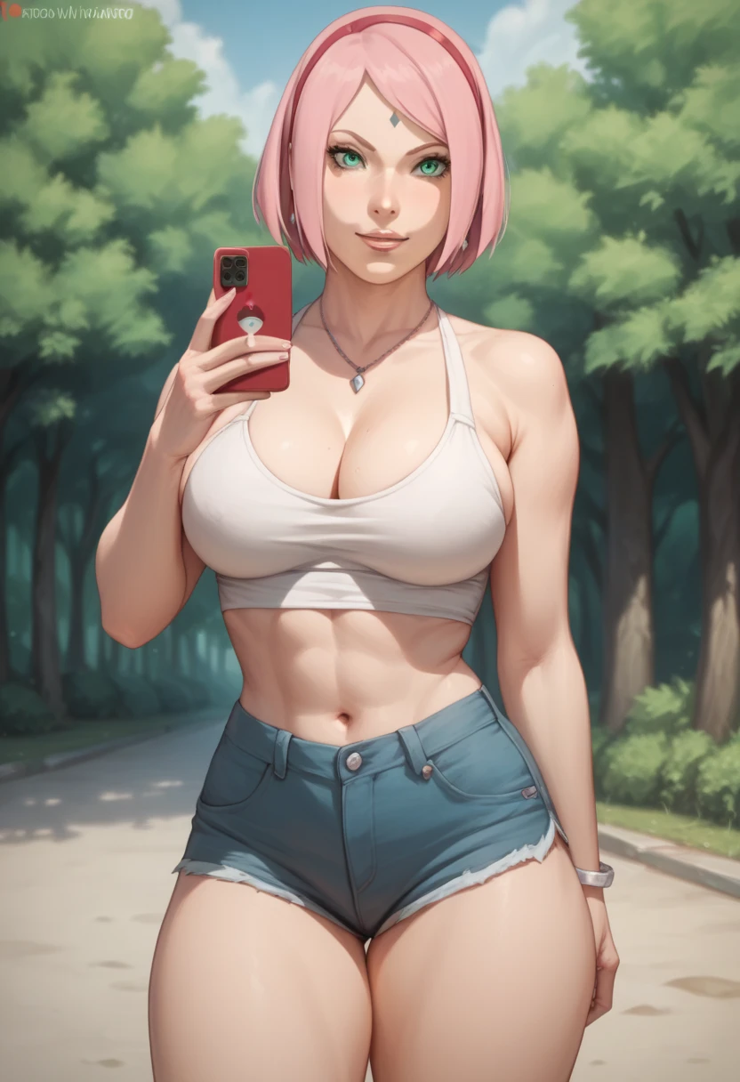 Sakura Haruno short pink hair green eyes medium large breasts healed belly leg thick thighs big healed with cell phone taking naked photo sending sexy on WhatsApp