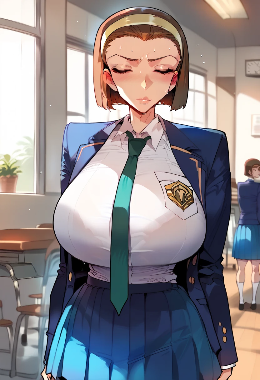 Hyper realistic, suzuki sonoko, short hair, brown hair, hairband, closed eyes, mature female, perfect face, perfect lighting, sexy female, ,huge breasts, sweat,  (skirt, shirt, long sleeves, school uniform, jacket, white shirt, pleated skirt, necktie, collared shirt, miniskirt, blue skirt, blazer, blue jacket, green necktie,)、