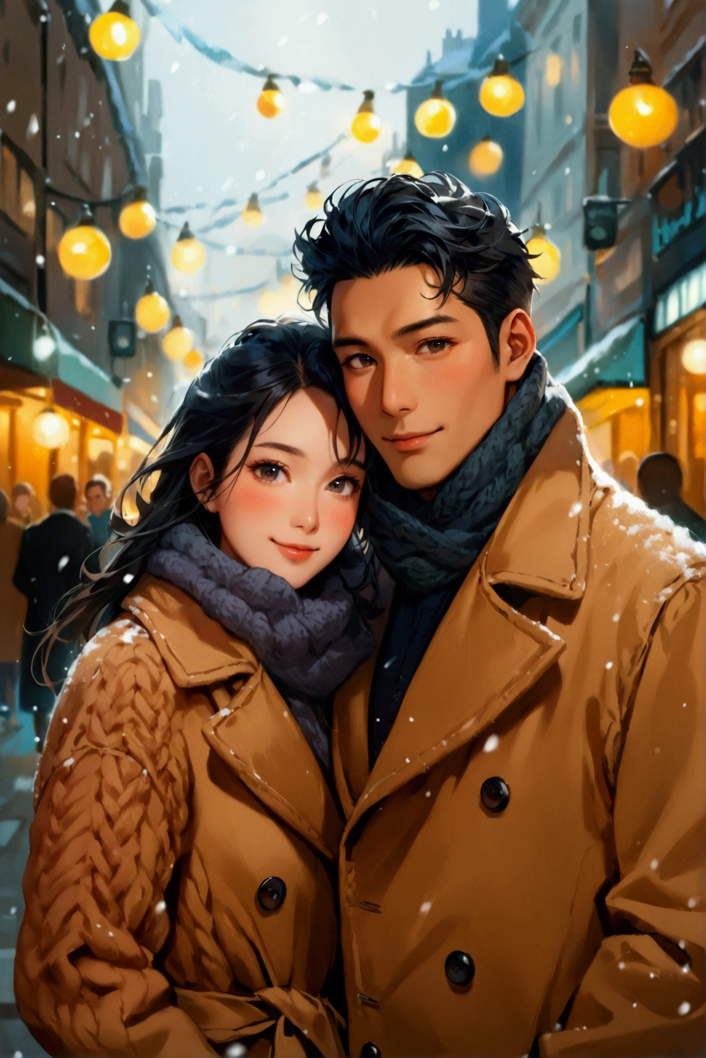 Portray a full shot of an international couple on the streets of London. The couple is walking arm in arm looking directly in to the camera, accentuating a joyful winter time. The couple features an Asian man in his thirties and a white European woman in her twenties. The man has a strong square face, defined by his brown skin, golden undertone, round black eyes, low cheek bones, a straight nose, and short black hair in class slick back. He is dressed in fine long coat over a suit. 
The pretty oval face of his European girlfriend is well defined by almond eyes in light hazel color, low cheek bones, prominent nose, blonde hair, fair complexity and cool undertone. She is dressed in a knitted sweater. London background on a chilly day with gray sky in an early morning, 
((full shot)), ((looking at viewer)), ((Asian man)), ((European woman)), (couple shot), ((wide view)), highly detailed, soft lighting, natural makeup, vibrant colors, (arm in arm), blush, ((smile))