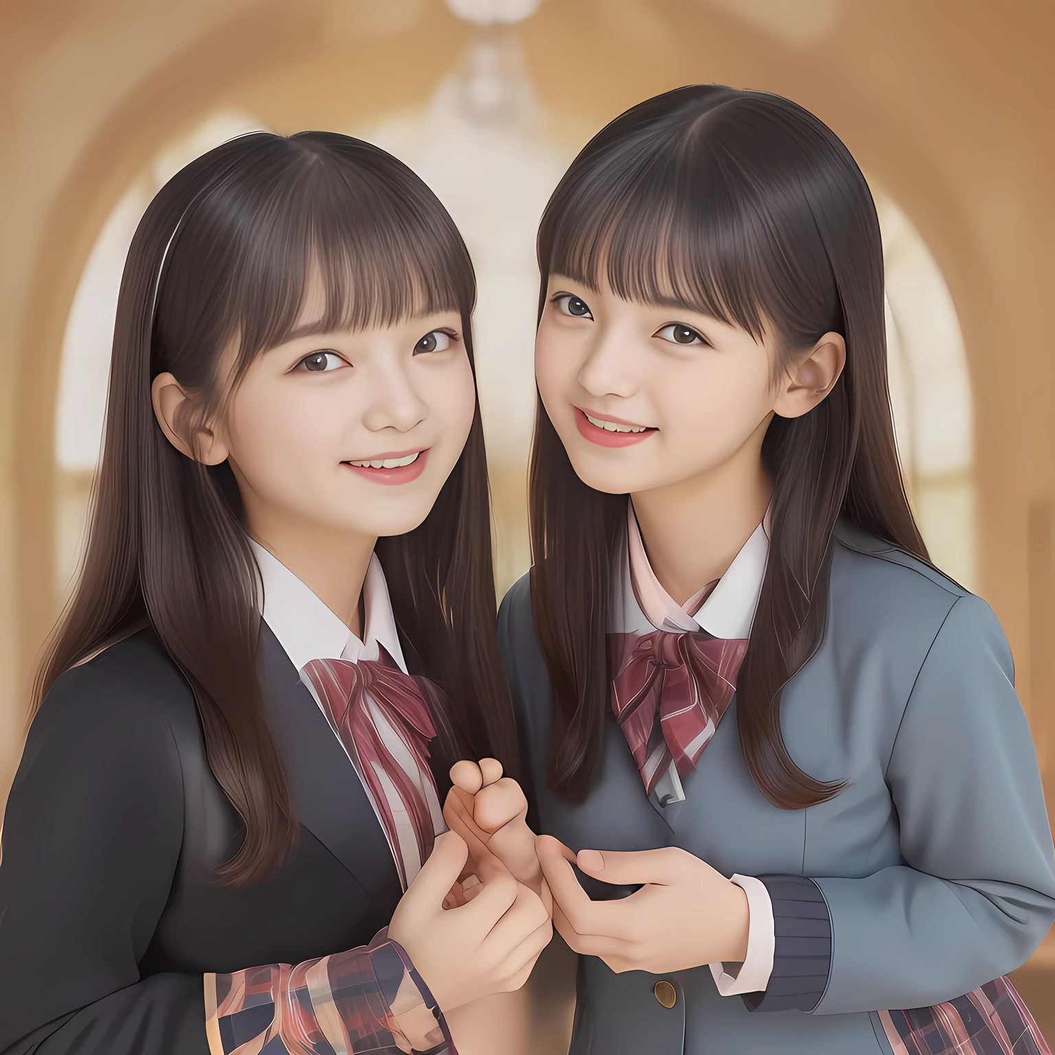 (Highest quality, masterpiece:1.2), Highest quality, High resolution, 1080P, 8k, clearly detailed, (Two girls are bending down very deeply and their eyes are looking at the viewer, Girls faces are at the top of the photo frame, Very-Low angle shot from below the girls, ceiling and chandelier background: 2.0) (Nobly bowing super-pretty shining-long-hair super-beautiful super-bewitching super-cute expensive school-uniform pretty slender 14yo-fashion-model of most-beautiful-school-uniform-girl-models photo-magazine in Japan, too beautiful aristocratic daughter laughing at the viewer, in supreme bliss, bowing and accepts the viewer's every desire: 1.8), (long bottom eye-slashes, long top eye-slashes), (very bewitching beautiful full-open lips: 1.4), (neat gorgeous school uniform of private high school in Japan. navy-school-blazer with gold-emblem, super-neat navy-blue-lined-tartan-checkered light-blue-pleats-school-skirt, super-girly plain-red ribbon on the breast: 1.5), (bewitching expression, smile, lips, and pose to corrupt the viewer, everything is planned and prepared to corrupt the viewer into the allusion of love towards the girl: 1.2), (clearly detailed foreground focusing on girl's beauty and cuteness, gorgeous blue girly bed background of full-of-girls girly-heaven: 1.2), (extending her arms to the viewer like requesting hugging, calling out the name of the viewer loudly), (navy checkered school skirt), (several golden heart cute accessories)